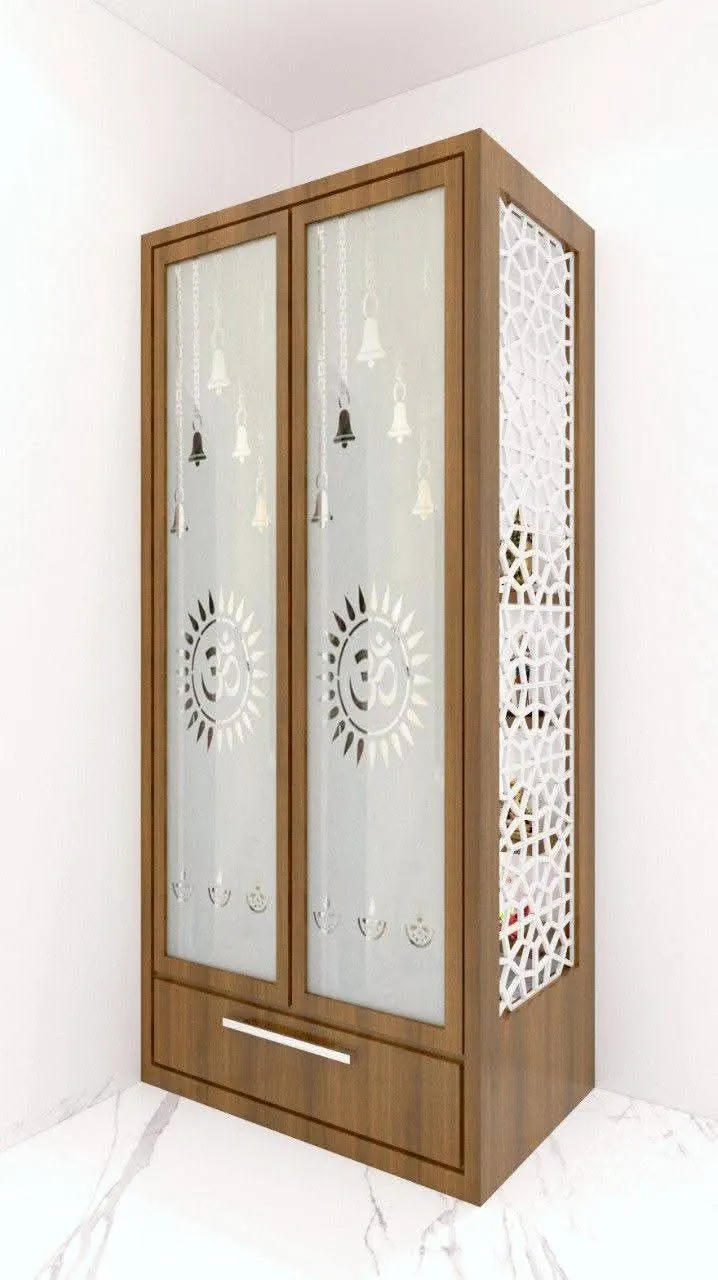 Pooja cabinet with glass doors and CNC lattice side panels in white and teak finish