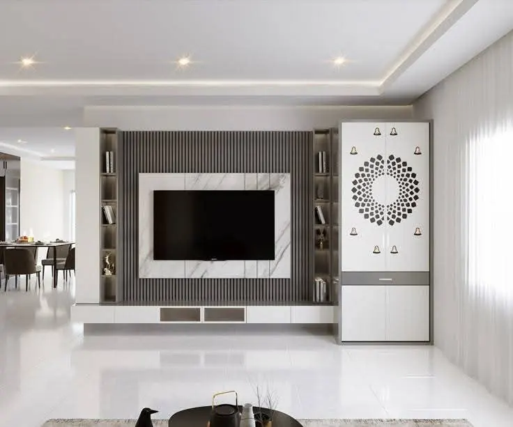 Modern living room with a TV unit and an integrated pooja mandir with circular jali door