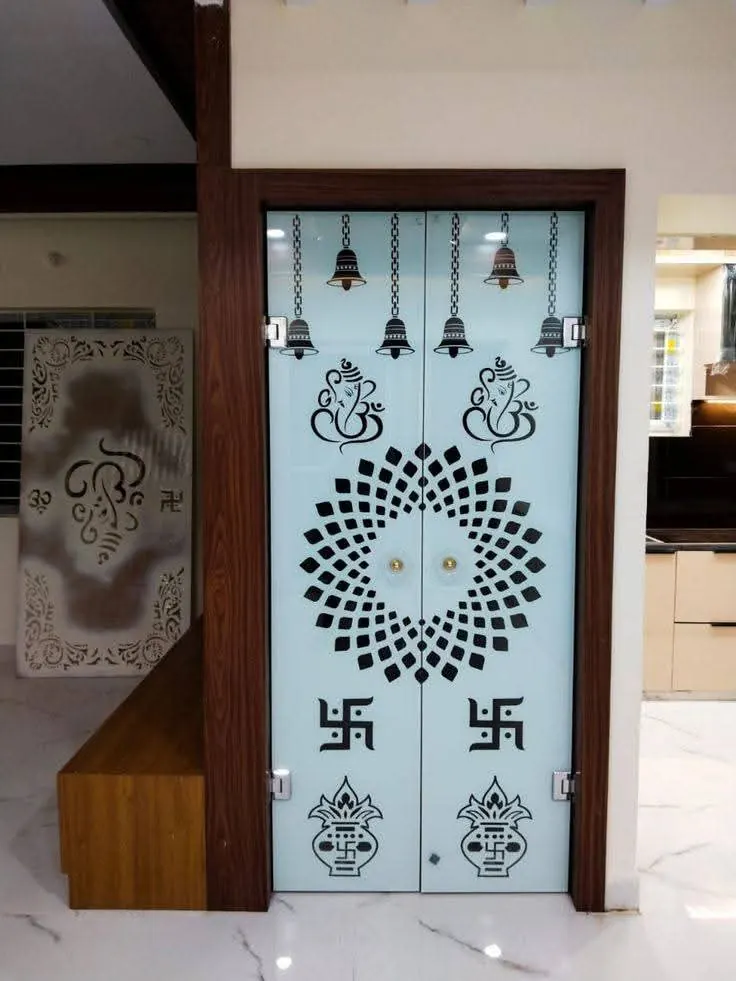 Pooja room double doors in frosted glass with bells, Om and mandala motifs