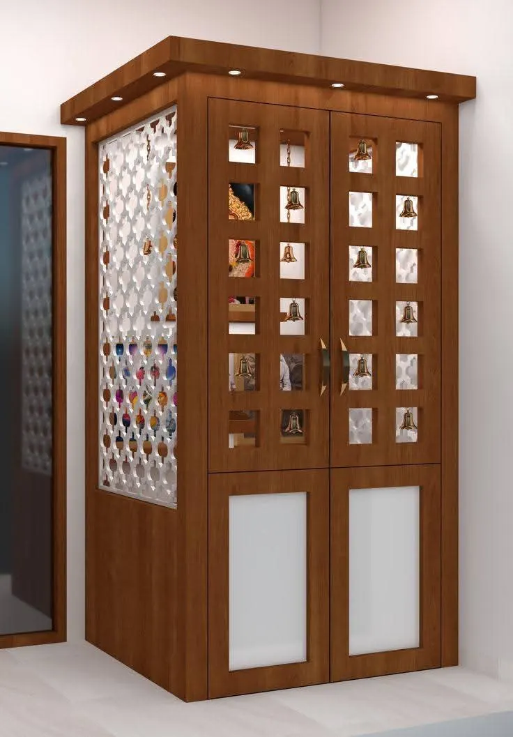 Teak-finish pooja mandir with grid jali panels and hanging brass bells