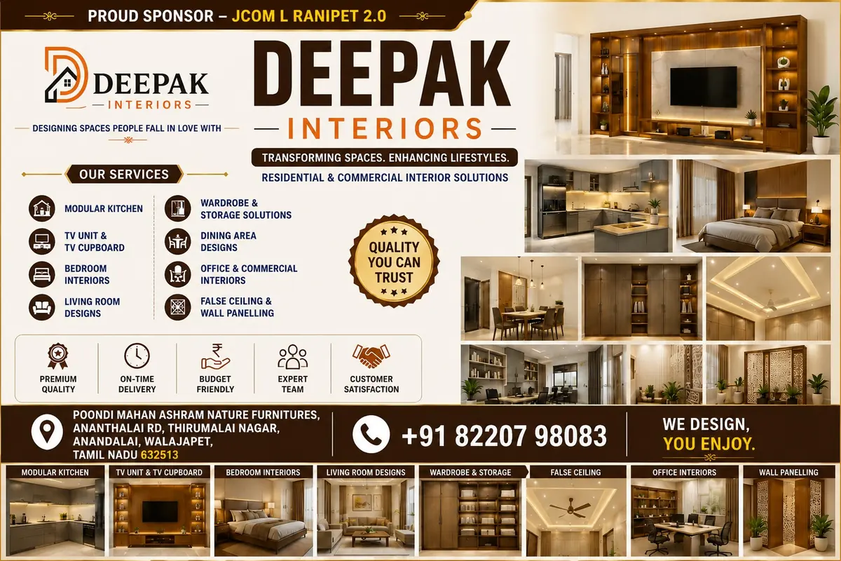 Deepak Interiors Works - Deepak Interiors Works service flyer listing kitchens, wardrobes, TV units, false ceilings and office interiors
